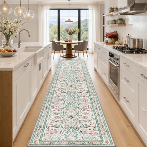 PLHXFR 2.6x14 Washable Runner Rug：Floral Indoor Kitchen Carpet Green Beige by PLHXFRSoftAreaRugs