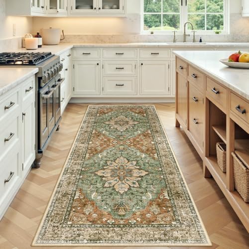 RELEANY Washable Area Rug, Runner 3'x6', Brick/Brown/Green by RELEANY
