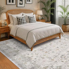 Boho Large Living Room Rug 8x12 - Washable Low Pile Area Rug for Dining Room, Neutral Light Gray & Sage Bedroom Carpet, Distressed Vintage Floral Design, Low Pile Stain Resistant - Image 3