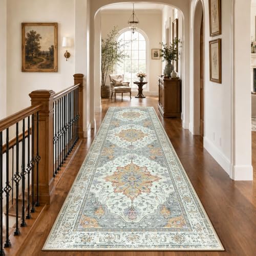 RELEANY Washable Area Rug, Runner 3'x9', Beige/Carbon Grey/Orange - Image 2