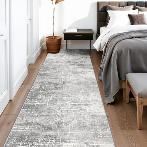 Washable Long Hallway Runner Rug: Non-Slip 2'6x12 Kitchen Rugs Abstract Entryway Bathroom Runner Soft Living Room Bedroom Beside Floor Mat Indoor Farmhouse Carpet for Home Office(2'6x12,Light/Grey) - Image 2