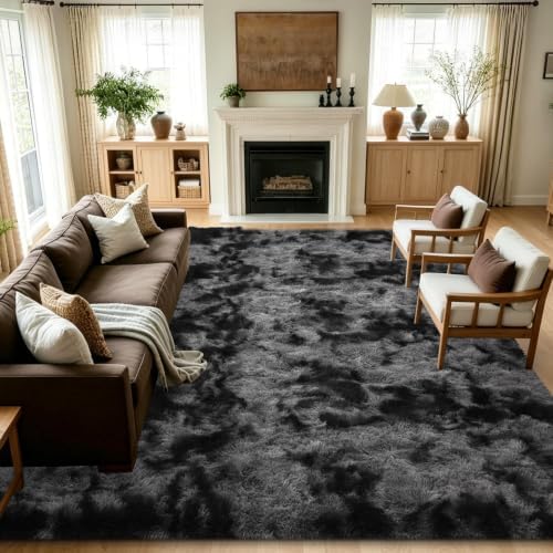 Noahas 8x10 Extra Large Tie-Dyed Dark Grey Fluffy Area Rug Non-Slip for by ModernHomeDecor