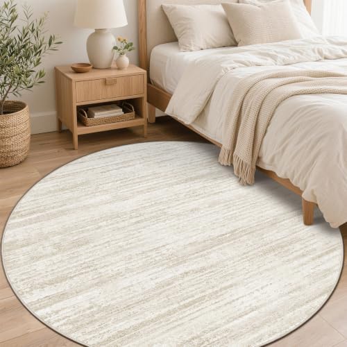 Round Rug 4ft Area Rugs: Washable Modern Circle Rug Small Non-Slip Soft Rugs Stain Resistant Printed Rug Indoor Circular Carpet for Living Room Bedroom Kitchen Dining Room(Beige, 4' Round) - Image 2