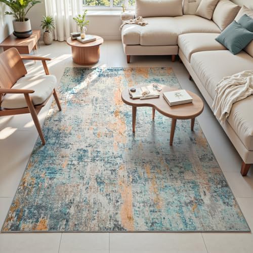 Area Rug 4x6 Blue Rug Washable Boho Rugs Non Slip Low Pile Abstract Small Carpet for Entryway, Bedroom, Kitchen, Classroom, Kids Room, Office, Dorm, Dining Room - Image 2