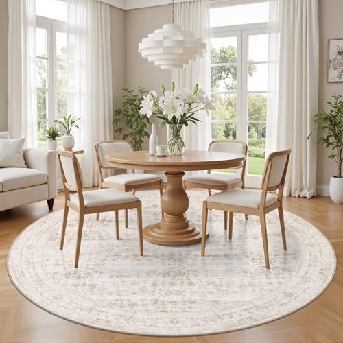 Round Area Rug for Living Room: 4ft Boho Washable Rug Beige Brown - Image 3