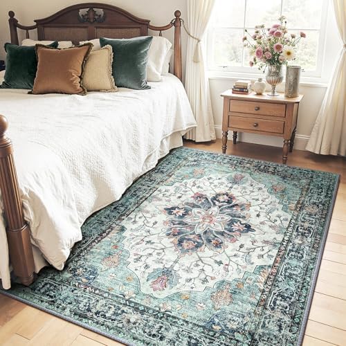 RELEANY Washable Area Rug, 5'x7', Teal Green/White/Navy - Image 2