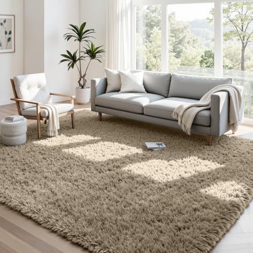 4x6 Fluffy Shag Area Rugs for Living Room Bedroom: Soft Carpet Gray Camel by CarpetAddColortoYourLife