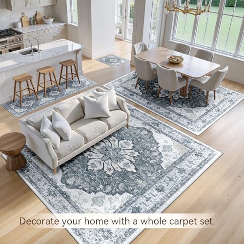 RELEANY Washable Area Rug, 5'x8', Grey/White/Beige - Image 6