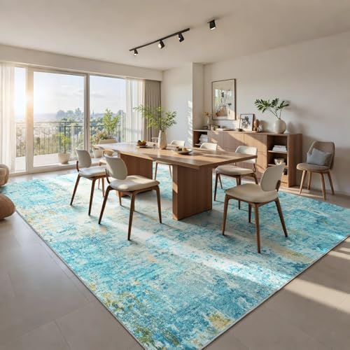 Ompaa Living Room Rug 8x10 Teal Blue Area Rugs Machine Washable Abstract Boho Large Rug Non-Slip Non-Shedding Faux Wool Indoor Vintage Carpet for Bedroom, Classroom, Dining Room, Kids Playroom - Image 2