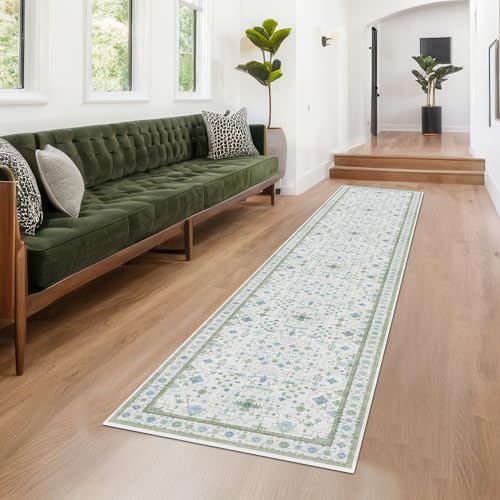 Hazo Haus Oushak 3x10 Wide Hallway Runner Rug - Vintage Turkish Floral, Washable Low Pile Non Slip 10ft Long Runners for Kitchen, Hall Way - Light Blue and Green - Image 6