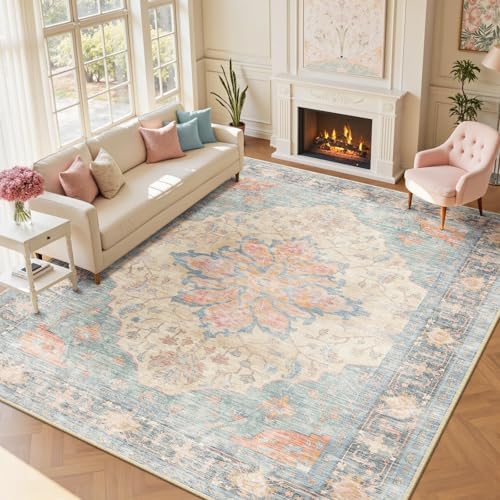 RELEANY Washable Area Rug, Large 9'x12', Blue/Orange/Red - Image 3