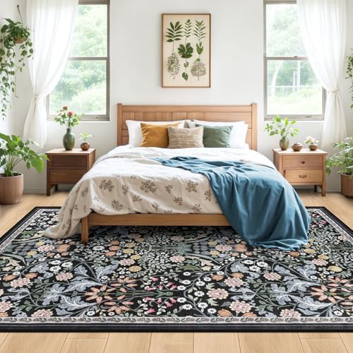 PLHXFR Area Rug 10x12 Living Room: Floral Washable Boho Carpet Dark Black - Image 3