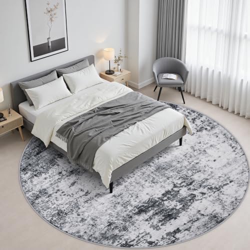 Round Area Rug Living Room: 6 ft Modern Washable Carpet Grey - Image 3