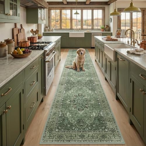 RELEANY Washable Area Rug, Runner 2'x10', Green/Dark Green/Gray by RELEANY
