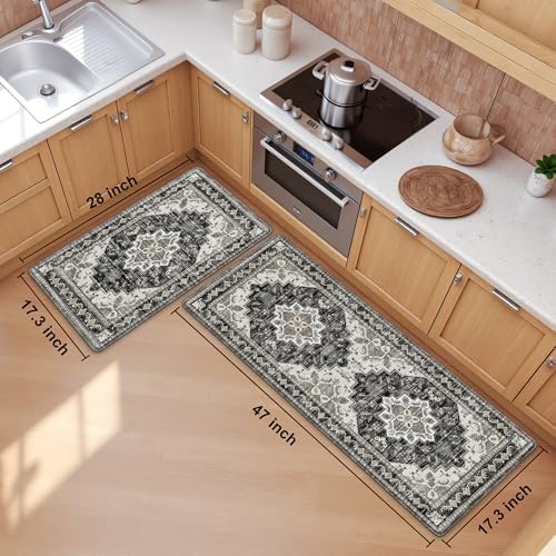 Boho Kitchen Mats for Floor 2PC Anti Fatigue Kitchen Rugs, Black Brown Grey - Image 2