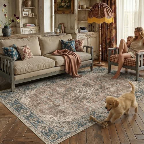 HUGEAR 5x7 Blue Brown Retro Floral Washable Area Rug for Living Room by HUGEAR