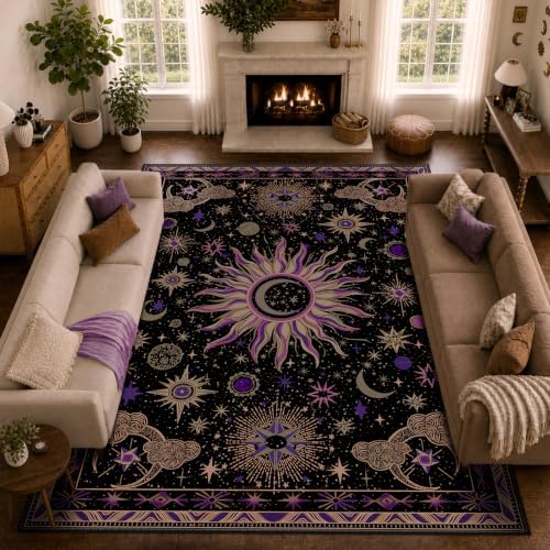 Vacuum-Friendly, 10x14 Washable Area Rug, Black Purple Beige by meejou