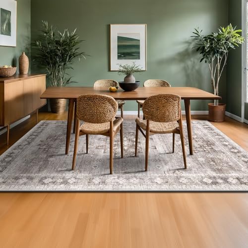 Washable Neutral Farmhouse Living Room Rug, 6x9 Area Rugs for Bedroom, Dining Room Under Table Carpet, Kids Room, Large Boho Vintage Non-Slip Floral Rugs Low Pile Stain Resistant (6x9 Beige/Latte) - Image 3