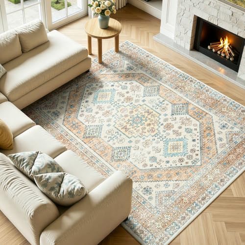 Lofus Living Room Rugs 5x7, Boho Orange and Beige Washable Carpet - Image 2