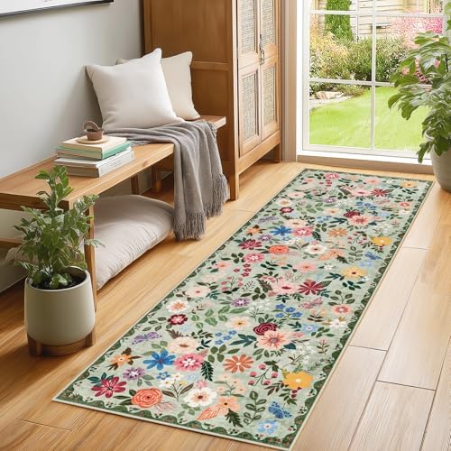 PLHXFR 2x6 Washable Runner Rug：Floral Indoor Kitchen Soft Carpet Green - Image 3