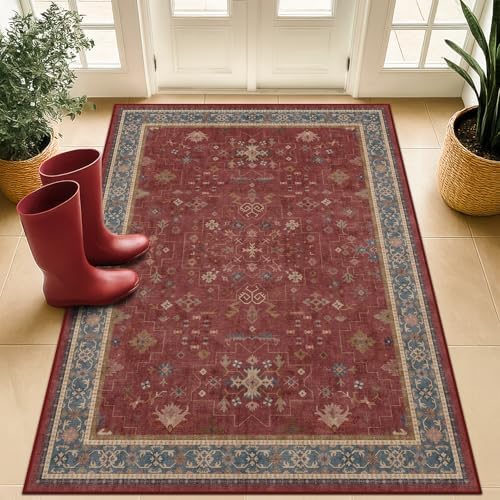 Washable 3x4 Rugs for Entryway - Burgundy Large Kitchen Rug, Non Slip Inside Door Mats for Home Entrance, Unique Bohemian Red Low Pile Thin Carpet for Bedroom Bedside, Foyer by HazoHaus