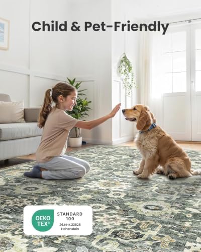 Amada 5x7 Washable Area Rug for Living Room, Green/Brown, Vintage Pattern - Image 4