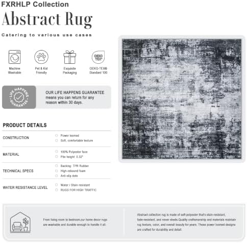 Area Rug Living Room: 8x8 Modern Washable Soft Carpet Dark Black - Image 2