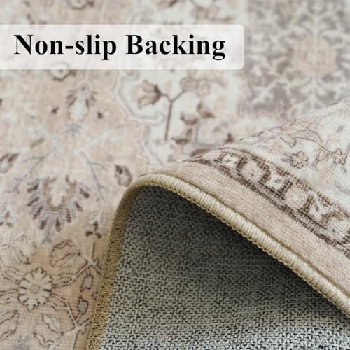 4x5 Living Room Area Rugs: Washable Farmhouse Bedside Rugs Non Slip Low Pile Vintage Small Carpet for Kitchen Bedroom Non-Shedding Printed Floor Mat for Nursery Room Office Dining Room(4x5，Beige) - Image 2