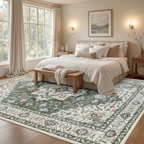 10x12 Area Rugs Living Room: Washable Rug for Bedroom Green Ivory - Image 3