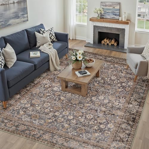 HUGEAR 9x12 Brown Blue Vintage Floral Washable Area Rug for Living Room - Image 3