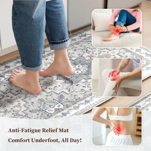 Boho Kitchen Mats for Floor 2PC Anti Fatigue Kitchen Rugs, Blue Grey - Image 3