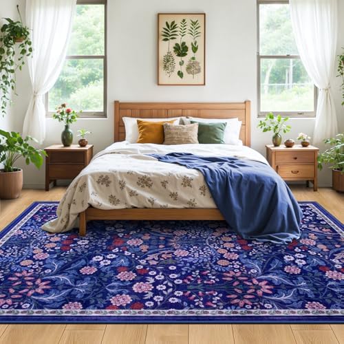 PLHXFR Area Rug 10x12 Living Room: Floral Washable Boho Soft Carpet Blue - Image 3