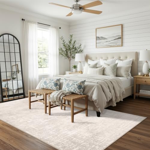 Washable 4x8 Hallway Area Rug: Abstract 8ft Water Resistant Soft Entry Kitchen Runner Rug Non-Slip Low Pile Carpet for Living Room Bedroom Thin Floor Mat for Bathroom Dining Room(4x8，Beige/Cream) by HYHAOYUNLAI