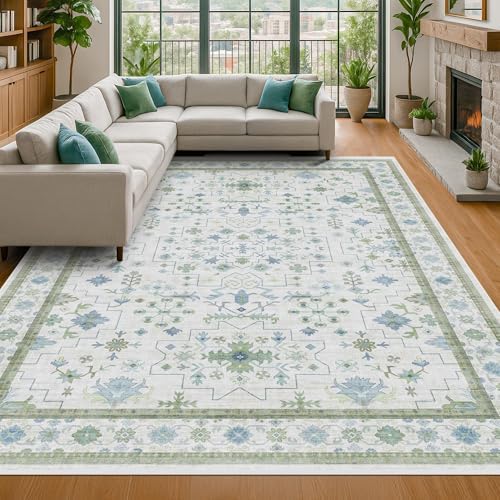 Cream Green Large 8x12 Area Rug for Living Room - Washable Non Skid Geometric Floral Carpet for Dining Room, Playroom, Bedroom - Blue and Green Soft Floral Rug by HazoHaus