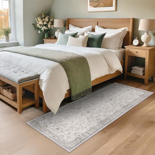 Hazo Haus Washable Neutral 2x6 Bathroom Runner Rug, Vintage Kitchen Floor Mat for Indoor Entrance and Bedroom, Light Gray & Sage Geometric Runner Rug Decor, Low Pile Stain Resistant - Image 6