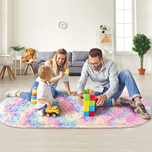 Noahas Oval Fluffy Rainbow Rug 2.6X5.3 Small Kids Rugs for Bedroom Girls And Boys Aesthetic,Bedside Bedroom Rug,Ultra Soft Runner Carpet Modern Shaggy Nursery Area Rugs Home Decor - Image 6