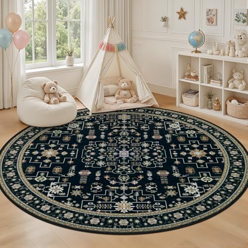 Round Area Rug for Living Room: 8ft Washable Rug for Bedroom Black - Image 5