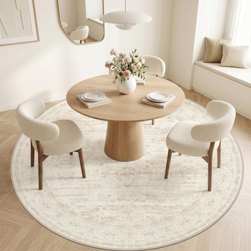 Round Area Rug Living Room: 6ft Washable Carpet Retro Beige - Image 2