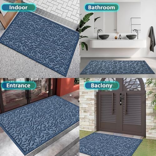 Bulijojo Sturdy Front Entrance Doormats,Durable Heavy Duty Welcome Mat,Thick Absorbent Natural Rubber Non Slip Mat,Easy Clean Entryway Mat Leaves Blue, 47" x 32" - Image 6