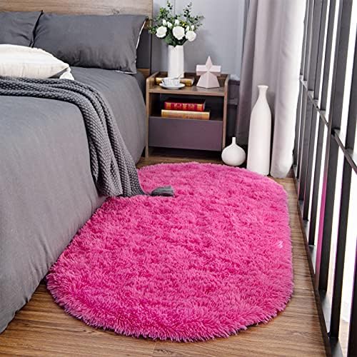2.6x5.3 Hot Pink Fluffy Soft Oval Rug Non-Slip for Kids Bedroom Nursery - Image 3