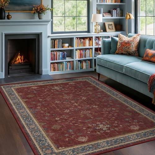 5x7 Boho Dark Red Rug for Living Room - Vintage Oriental Revival Low-Pile Carpet for Bedroom, Dining Table, Home Office, Machine Washable Area Rug Non-Slip with Rubber Back by HazoHaus