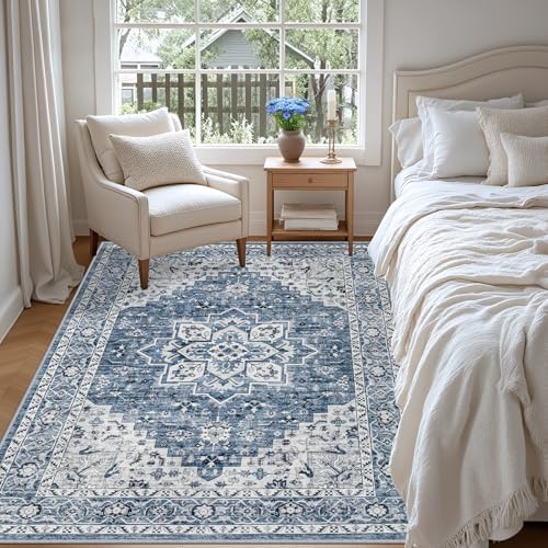 3x5 Area Rugs Living Room: Washable Vintage Rug for Bedroom Blue - Image 3