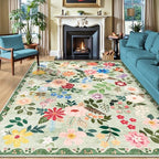 PLHXFR 8x10 Area Rug Living Room: Floral Washable Boho Soft Carpet Green by PLHXFRSoftAreaRugs