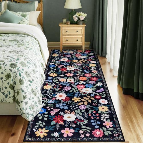 PLHXFR 2x5 Washable Runner Rug：Floral Indoor Kitchen Soft Carpet Black - Image 2