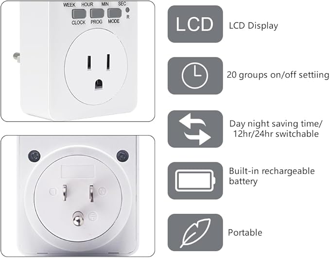 Digital Plug-in Timer Outlet Socket 20 on/Off Programmable Timer Switch 24 Hours 7 Days Programs and Countdown Energy Saving Timing Plug Socket (15A 1725W 115VAC)