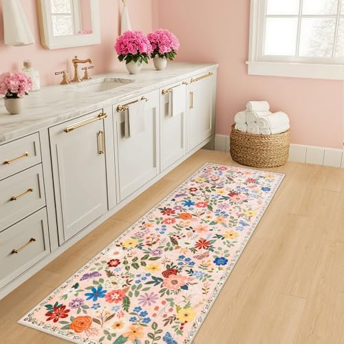 PLHXFR 2x6 Washable Runner Rug：Floral Indoor Kitchen Soft Carpet Beige - Image 5
