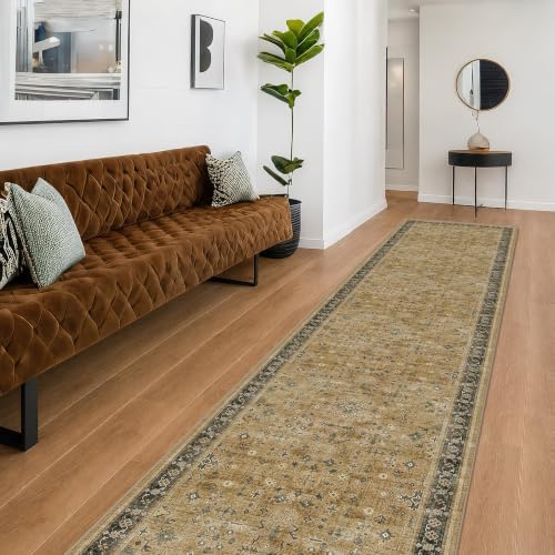 Hazo Haus Washable 3x12 Extra Long Hallway Runner Rug, Rustic Brown and Charcoal Olive Large Kitchen Floor Rug Indoor, Non-Slip Stain & Fade Resistant, Vintage Earthy Tone Décor by HazoHaus
