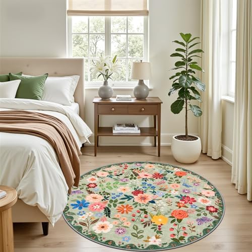 PLHXFR Round Area Rug Living Room: 4 ft Floral Washable Soft Carpet Green - Image 3