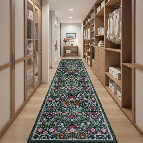 PLHXFR 2.6x14 Washable Runner Rug：Floral Indoor Kitchen Carpet Dark Green - Image 5