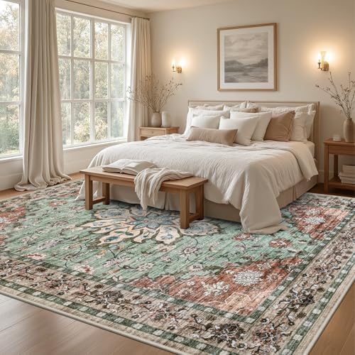 9x12 Area Rugs Living Room: Washable Rug for Bedroom Brown Green - Image 4